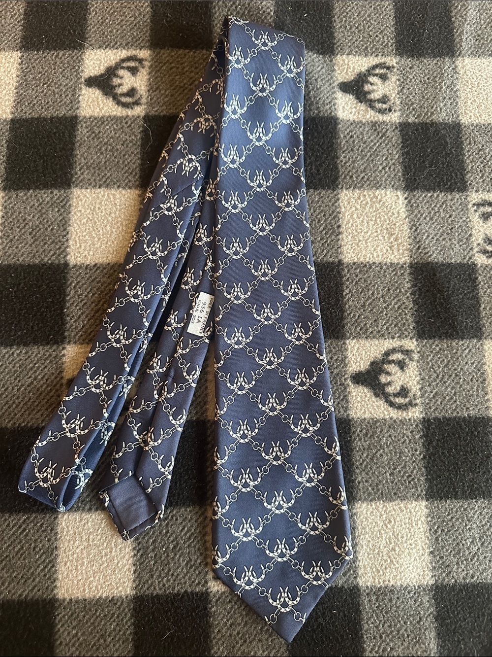 Hermes Navy Blue Tie with White Interlocking Motif